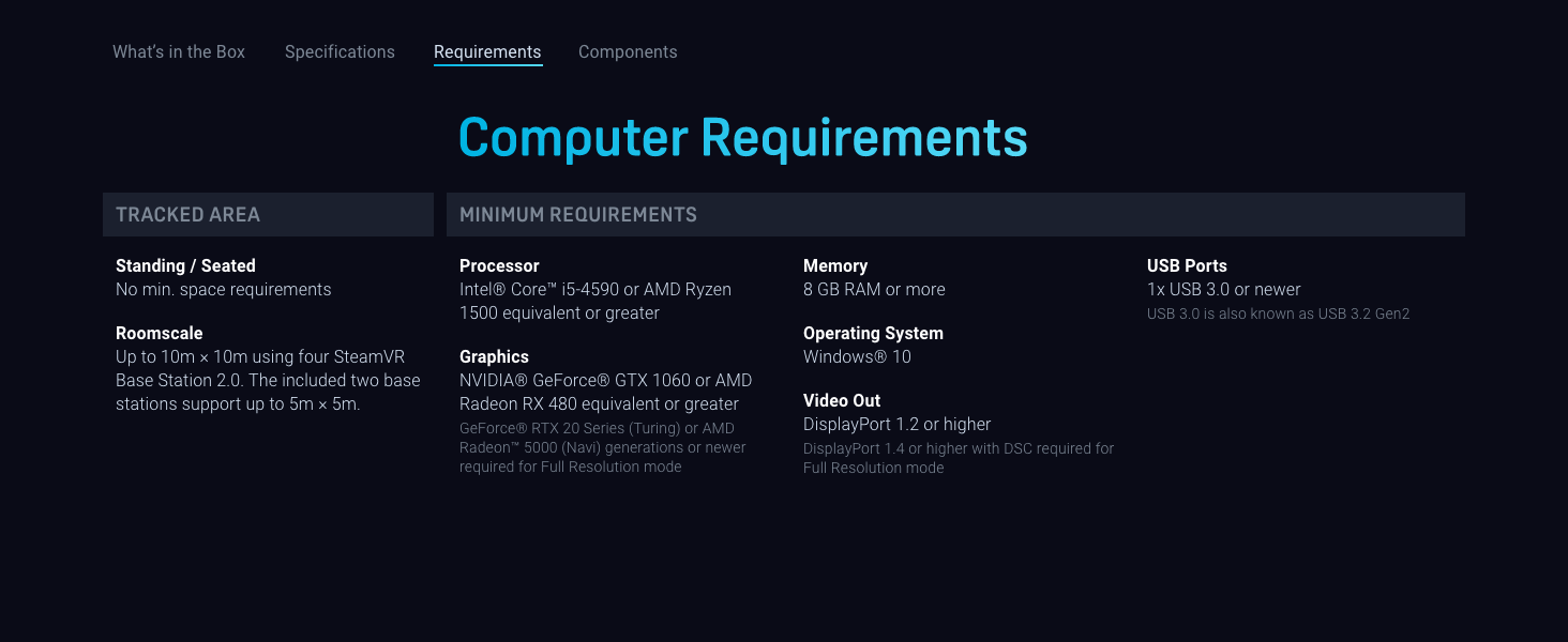 VIVE Pro 2 Full Kit tracking area spec sheet and computer requirements