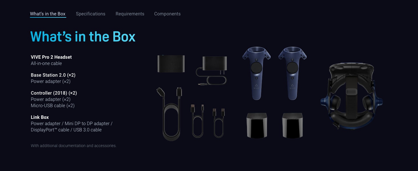 VIVE Pro 2 Full Kit comes with the headset, two base stations 2.0, and two controllers (2018).