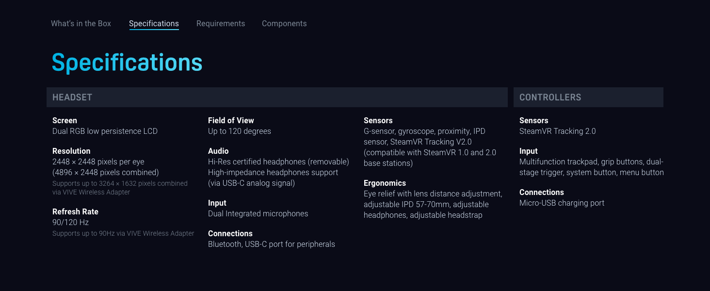 VIVE Pro 2 Full Kit headset and controller spec sheet