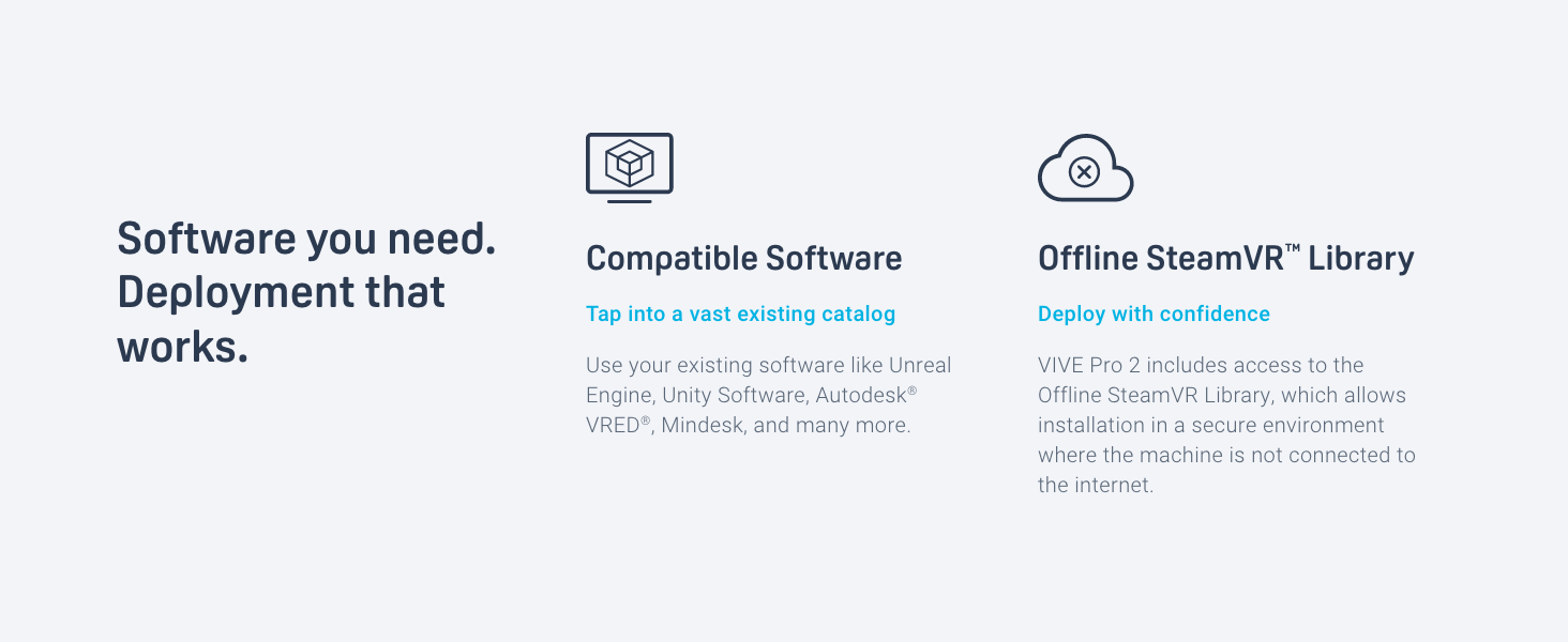 VIVE Pro 2 comes with the Offline SteamVR Library and is compatible with a wide range of software.